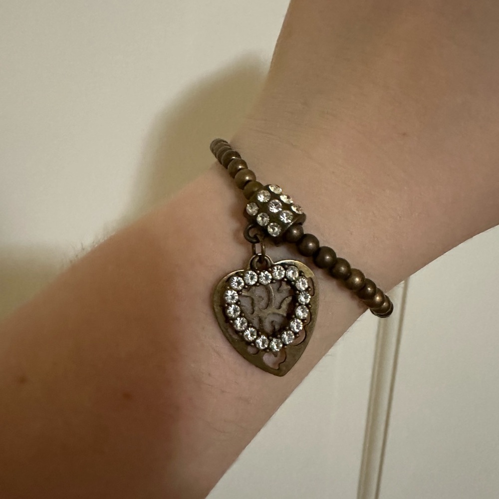 Antique Silver and Brown Heart Charm Bracelet with Crystal Accents